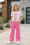 Fuchsia & light pink checkered printed denim pants. PNG60321 SOL