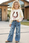 Rhinestones & bow printed straight cut denim pants. PNG60326 JEAN