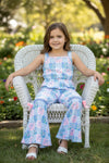 Blue coquette bow multi-printed patch jumpsuit. PNG60330 AMY