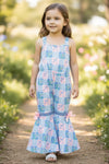 Blue coquette bow multi-printed patch jumpsuit. PNG60330 AMY
