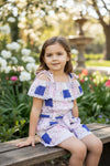 Royal blue Ditsy floral romper w/lace hem.  PNG60332 AMY
