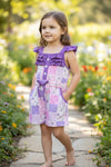 Purple ruffle detail & floral block printed girls romper w/pockets. PNG60333 JEAN