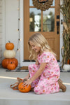 Pink ghost printed on pink girls romper w/pockets. PNG60539 AMY