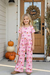 Pink ghost printed on pink girls romper w/pockets. PNG60539 AMY