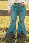 Teal blue aztec printed bootcut denim pants. PNG65153059-SOL
