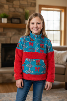  Sherpa Western printed on red pullover sweater. TPB50689 JEAN