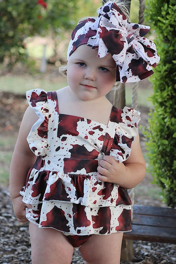 BROWN COW SPOTTED PRINT BABY ONESIE W/ SNAPS. (headband is sold separately) L-DLH2352K-SOL