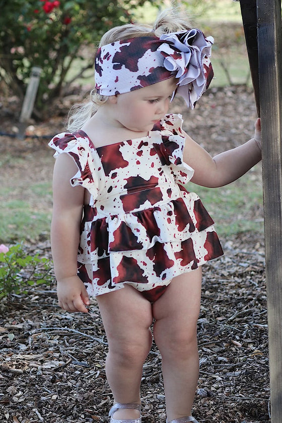 BROWN COW SPOTTED PRINT BABY ONESIE W/ SNAPS. (headband is sold separately) L-DLH2352K-SOL