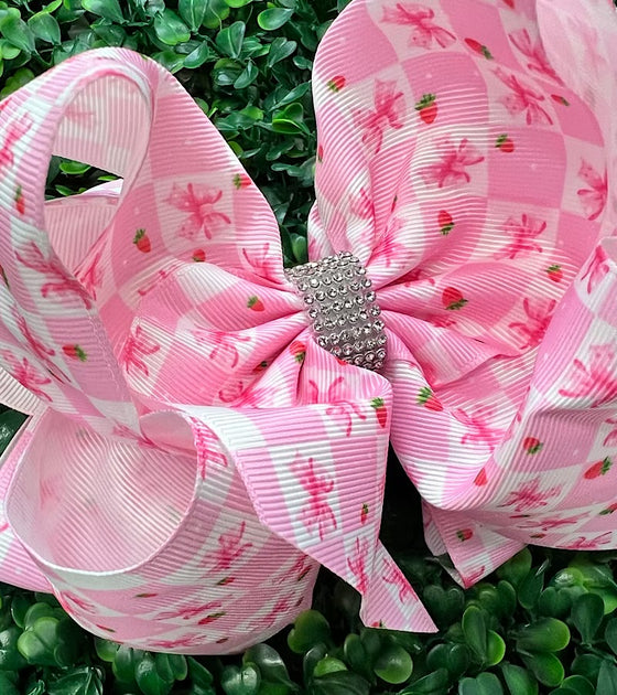 Strawberry + Bow 6.5" double layer hair bows. 4pcs/$10.00  BW-DSG-1003