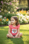Cow skull coral top with angel sleeve and floral shorts. LT-2020-10 JEAN