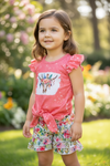 Cow skull coral top with angel sleeve and floral shorts. LT-2020-10 JEAN