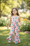 Watermelon printed on pink girls romper with ruffle hem. PNG60246 AMY