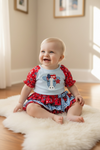 Patriotic patch lt. blue baby bodysuit with & red bubble sleeves and bloomers. RPG60810JEAN