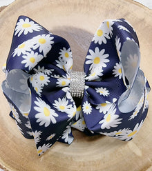  NAVY BLUE DAISY PRINTED HAIR BOWS WITH RHINESTONES 7.5IN WIDE 4PCS/$10.00 BW-DSG-383.