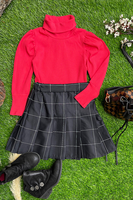 🔶RED TURTLE NECK WITH PUFFY SHOULDER TOP & BLACK PLEATED SKIRT. OFG651322038-SOL