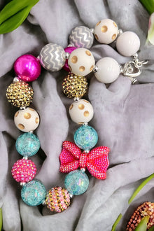  Multi-color bubble necklace w/bow side pendant. (3pcs/$12.00) ACG50133007 S