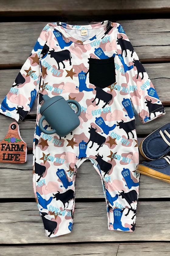 Cowboy printed infant baby romper with zipper. LR060706-AMYY
