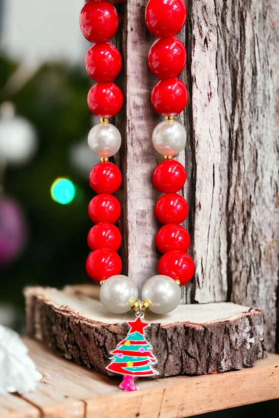 Red & pearl tone bubble necklace w/tree pendant. (3pcs/$15.00) ACG50153011 S
