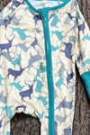 Elk printed on ivory baby romper with fold over hands and footie. LR0505-6-AMY