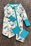 Elk printed on ivory baby romper with fold over hands and footie. LR0505-6-AMY