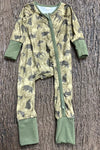 Moss green w/ wild animal printed baby romper. Fold over hands & footie. LR0505-7-AMY