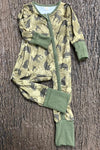 Moss green w/ wild animal printed baby romper. Fold over hands & footie. LR0505-7-AMY