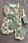 Moss green w/ wild animal printed baby romper. Fold over hands & footie. LR0505-7-AMY