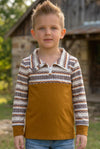 Brown multi printed boys pull over sweatshirt. BT0425-21-MON