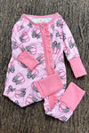 Pumpkin with cheetah bow printed baby romper w/ fold over hands and footie. LR0505-24-MON