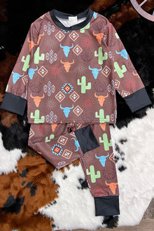  Brown western printed pajama 2 piece set. FRE2023-SOL