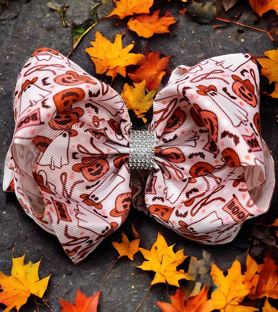 Western pumpkin & ghost printed double layer hair bows. (6.5"wide 4pcs/$10.00) BW-DSG-889