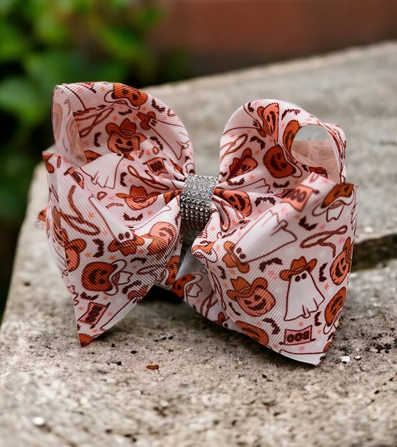 Western pumpkin & ghost printed double layer hair bows. (6.5"wide 4pcs/$10.00) BW-DSG-889