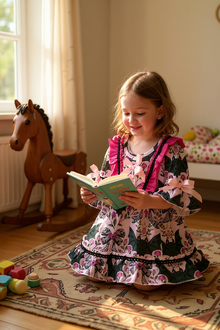  Bat multi printed girls ruffle hem dress. GLD062102-Jean