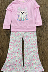 Ghost printed on lilac sweatshirt and floral pants.GLP0505-16-MON