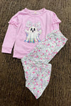 Ghost printed on lilac sweatshirt and floral pants.GLP0505-16-MON