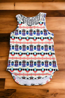  (WOMEN)Aztec printed tank top with lace detail. A-DXSY-21-615172-sol
