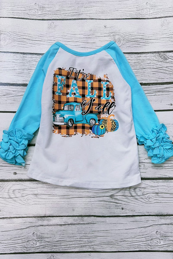 "It's fall y'all" White with blue sleeve Reglan. CXSY-203125