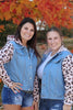 (Women) Cheetah printed sleeve denim jacket.