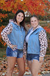 (Women) Cheetah printed sleeve denim jacket.
