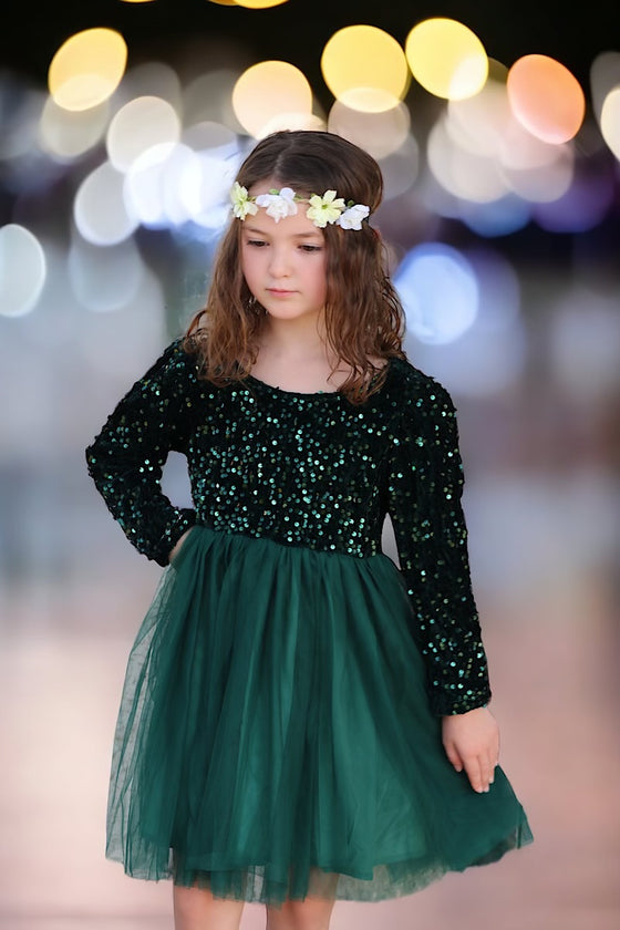Forest Green sequins dress with tulle skirt. DRG501122141-WENDY