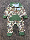 Mallard duck embroidered path on the side with camouflage print baby romper. LR0425-13-AMY