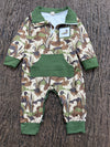 Mallard duck embroidered path on the side with camouflage print baby romper. LR0425-13-AMY