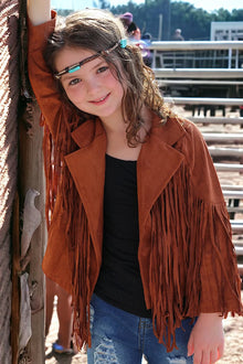  Coffee brown faux suede fringe jacket. TPG60153010-AMYS