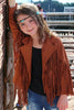 Coffee brown faux suede fringe jacket. TPG60153010-AMYS