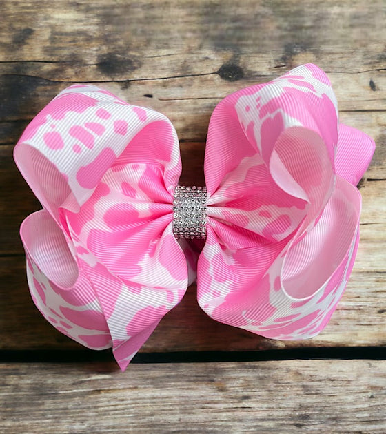 Pink cow spotted printed double layer hair bows. (6.5"wide 4pcs/$10.00) BW-DSG-892