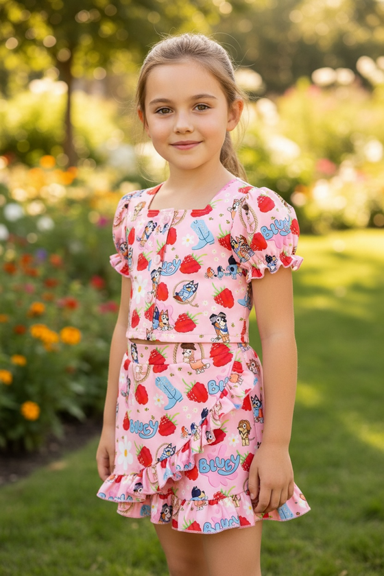 Raspberry printed on pink girls 2 piece set. OFG60133 AMY