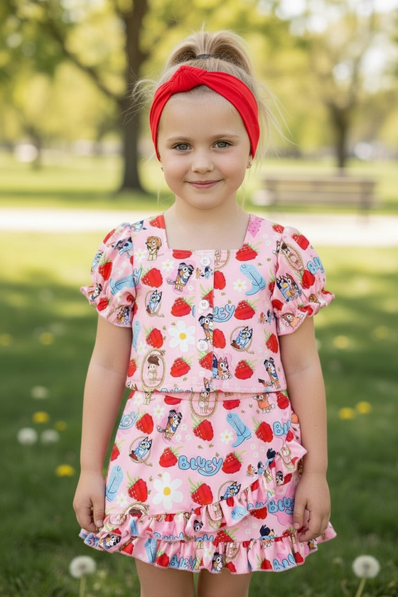 Raspberry printed on pink girls 2 piece set. OFG60133 AMY