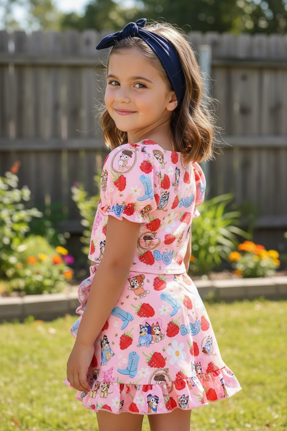 Raspberry printed on pink girls 2 piece set. OFG60133 AMY