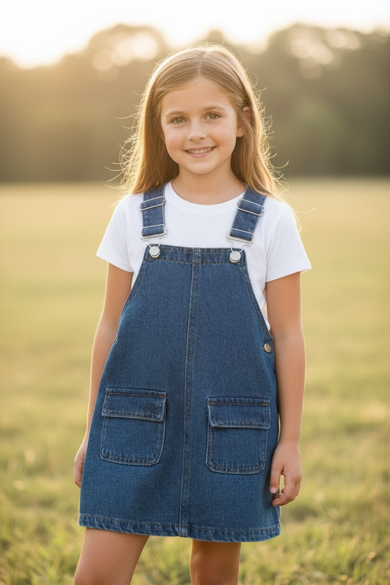 Dark blue denim overalls with front pockets. DRG55532 SOL