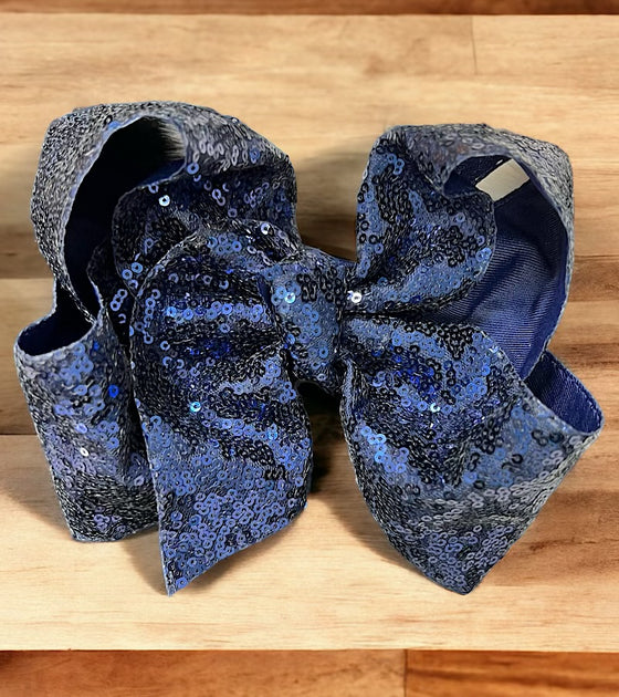 Navy blue sequins hair bows 7.5”wide 5pcs/$10.00 BW-371-SQ